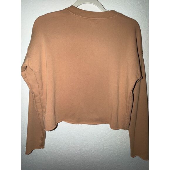 Aerie Terry Cloth Cropped Crew Neck Sweatshirt XS Tan Brown Pocket Pullover - Picture 6 of 7